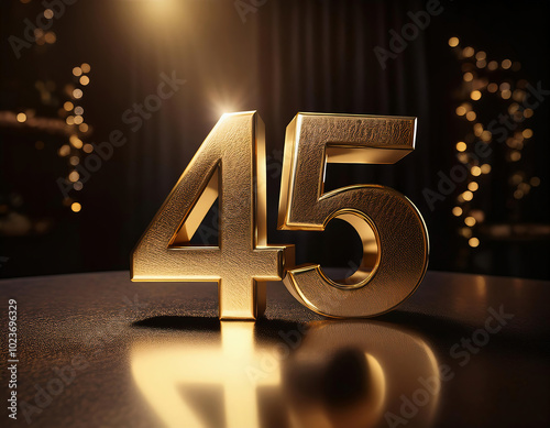 The impressive golden number 45 in a 3d rendering has a rich metallic texture with a reflective surface on dark bokeh background	 photo