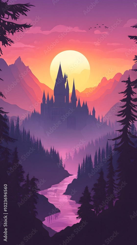 A purple cartoon background with a dark castle in the distance, purple mountains and trees surrounding it A purple cartoon background with a dark castle in the distance, purple mountains and trees surrounding it
