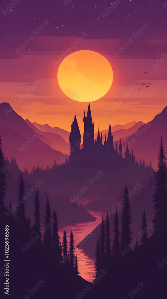 A purple cartoon background with a dark castle in the distance, purple mountains and trees surrounding it A purple cartoon background with a dark castle in the distance, purple mountains and trees surrounding it