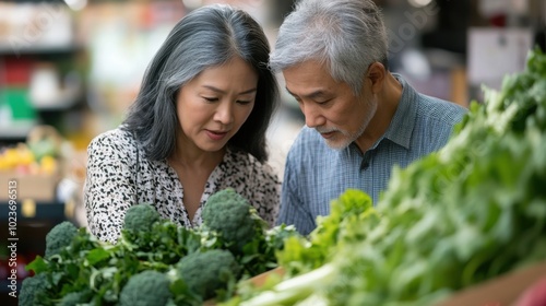A middle-aged Asian couple in their 50s both with graying hair examining fresh vegetables at a neighborhood grocery store.