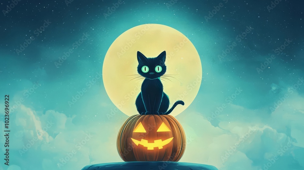 A whimsical black cat sits atop a carved pumpkin under a glowing full moon, capturing the essence of Halloween night.