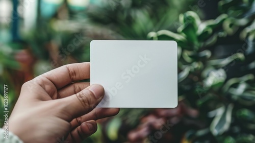 Hand hold blank white card mockup with rounded corners. Plain call-card mock up template holding arm. Plastic credit namecard display front. Check offset card design. Business branding. 