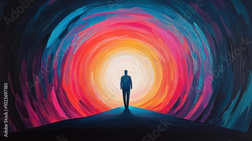 A vibrant artwork depicting a silhouette standing at the entrance of a colorful tunnel of light and energy.