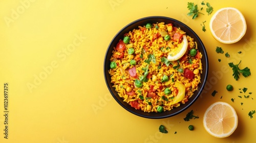 Bowl of vegan paella bright background clean layout minimal elements copy space