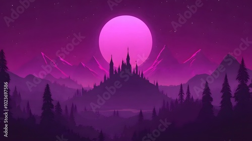 A purple cartoon background with a dark castle in the distance, purple mountains and trees surrounding it