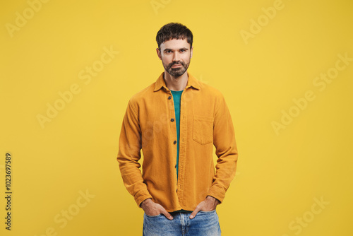 Confident, happy, bearded Hispanic man wearing stylish casual clothes, hands in pocket