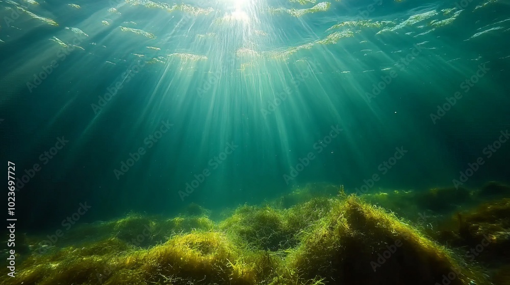 Fototapeta premium Rias Baixas, Spain; natural scene: algae submerged in the Atlantic Ocean, receiving sunshine.