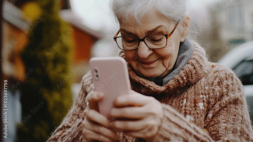 Elderly woman setting up new smartphone, bright day, clean layout, minimal elements Elderly woman setting up new smartphone, bright day, clean layout, minimal elements