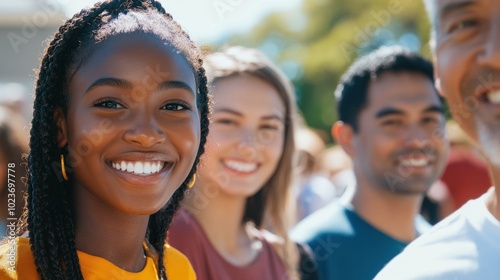 Group at charity bake sale, diverse group including a young African American woman with braids and a middle-aged Asian man with short black hair,  copy space