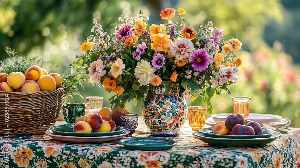 A vibrant dining table with a floral-patterned tablecloth, garden flowers in a small ceramic vase, and a wicker basket overflowing with stone fruits like peaches, nectarines, and plums, A vibrant dining table with a floral-patterned tablecloth, garden flowers in a small ceramic vase, and a wicker basket overflowing with stone fruits like peaches, nectarines, and plums,