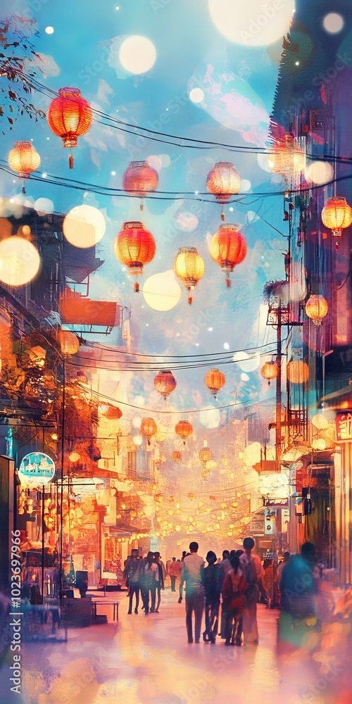 A bustling night market scene with vibrant lanterns and bokeh lights illuminating an urban street filled with people. A bustling night market scene with vibrant lanterns and bokeh lights illuminating an urban street filled with people.