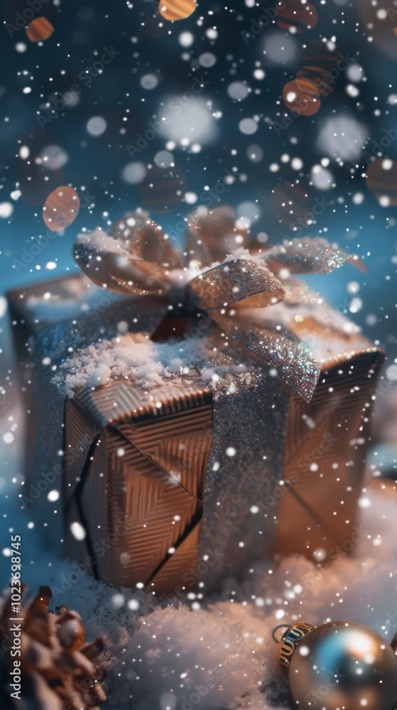 A box with a bow on top of it is covered in snow. Concept of warmth and joy, as the snow-covered box is a symbol of the holiday season A box with a bow on top of it is covered in snow. Concept of warmth and joy, as the snow-covered box is a symbol of the holiday season