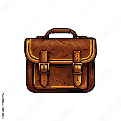 Illustration of a brown leather satchel with embossed details and buckles.