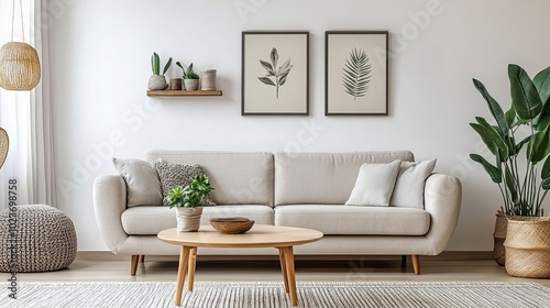 Living room interior with cozy sofa, coffee table, and white wall art.