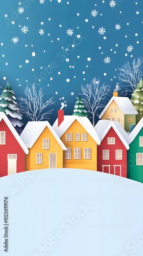 A colorful paper cutout of houses in the snow, with trees and a blue sky above, creating an adorable winter scene