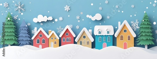 A colorful paper cutout of houses in the snow, with trees and a blue sky above, creating an adorable winter scene
