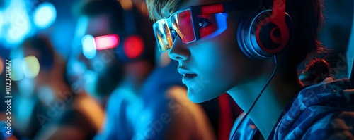 A gamer wearing stylish headset and glasses immersed in a digital world with vibrant blue and red lighting, showcasing modern gaming culture. photo