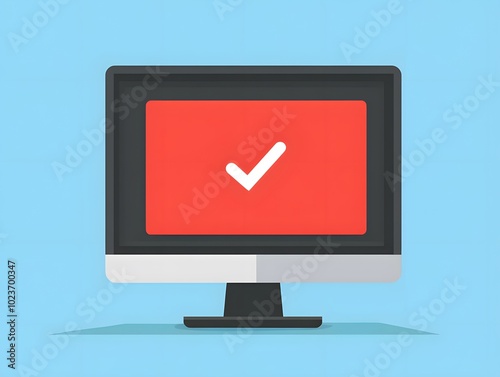 A modern computer screen displaying a large check mark symbol on a vibrant red background, symbolizing success and approval.