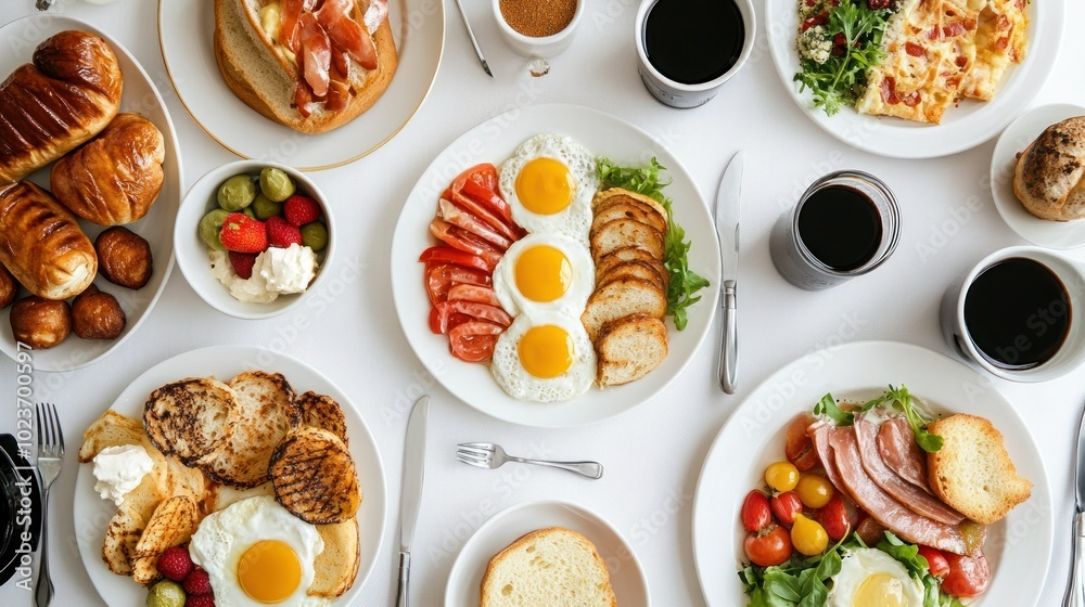 A Table Set for a Gourmet Breakfast with Eggs, Toast, Fruit and Coffee A Table Set for a Gourmet Breakfast with Eggs, Toast, Fruit and Coffee