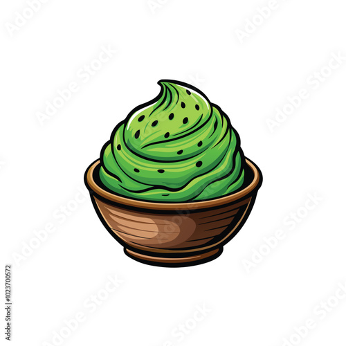 A vibrant green scoop of matcha ice cream served in a brown ceramic bowl.