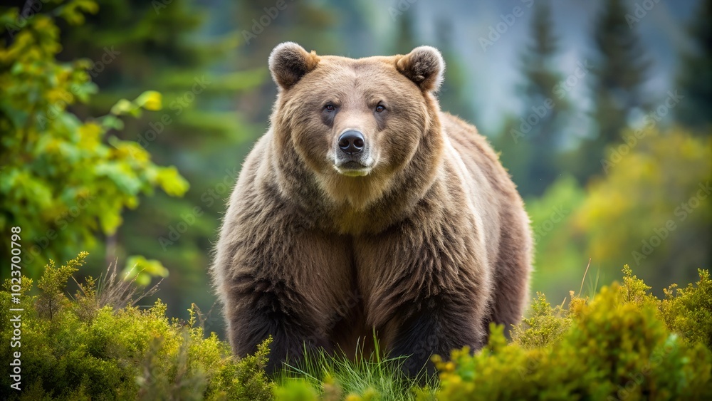 Fototapeta premium Brown bear standing in lush green forest.