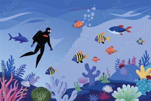 A scuba diver explores a vibrant coral reef with colorful fish and sea life.