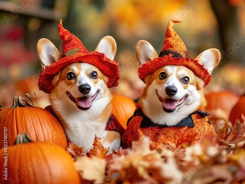 Adorable corgi dogs in festive costumes surrounded by vibrant pumpkins in a fall garden photo