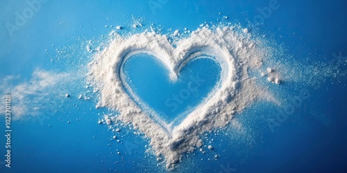 Heart shape created with white powder on blue surface, forced perspective