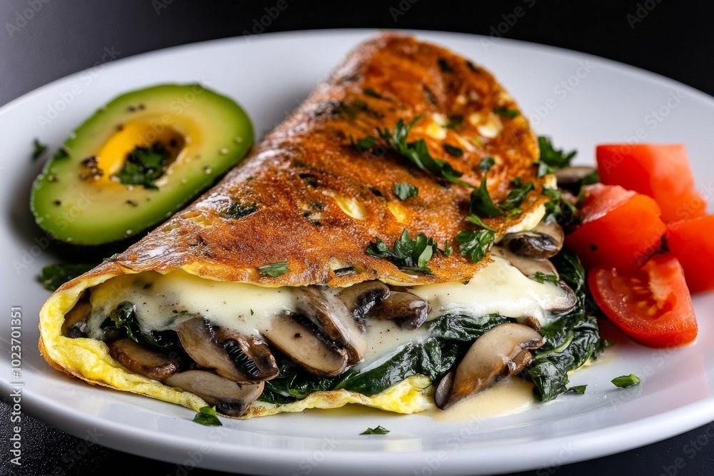 A hearty protein-packed omelet filled with spinach, mushrooms, and cheese, served with a side of avocado and tomatoes A hearty protein-packed omelet filled with spinach, mushrooms, and cheese, served with a side of avocado and tomatoes