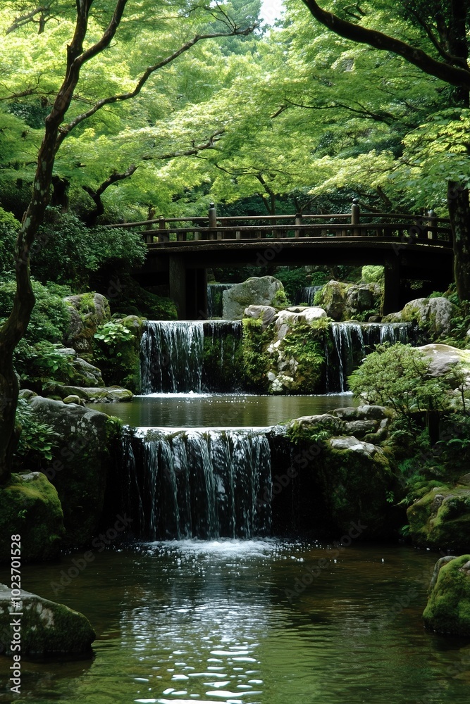 A beautiful waterfall is flowing down a bridge over a pond A beautiful waterfall is flowing down a bridge over a pond