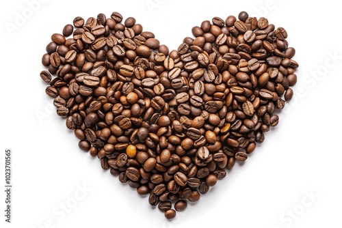 Heart shape formed by coffee beans on a white background