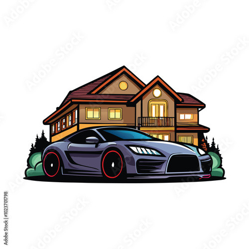 A sleek, gray sports car with red rims parked in front of a brown modern house.