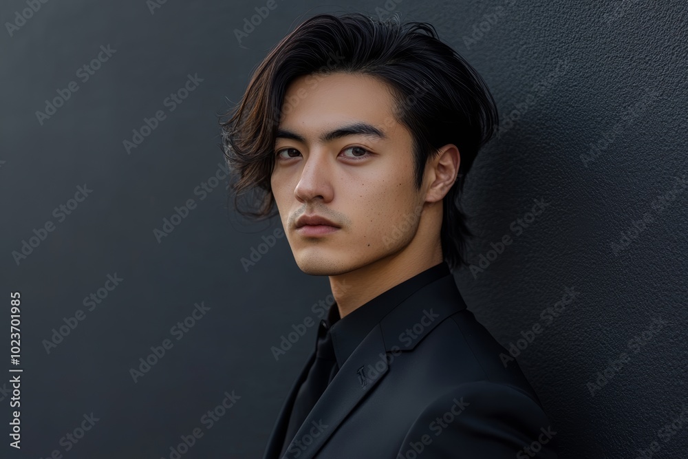 Fototapeta premium スタイリッシュな黒のスーツを着た男性が壁に寄りかかる瞬間のポートレート