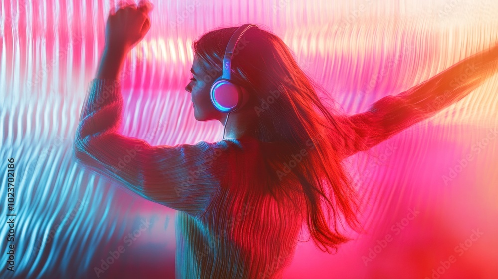 Obraz premium A woman dances joyfully, immersed in pulsating colors and sounds, savoring the nighttime energy