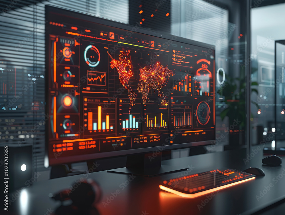 A high-tech workspace featuring a glowing monitor displaying data visualizations, charts, and a world map in an urban setting. A high-tech workspace featuring a glowing monitor displaying data visualizations, charts, and a world map in an urban setting.