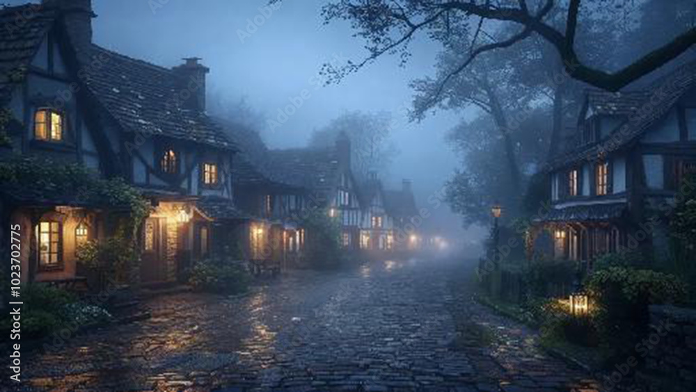Fototapeta premium Fog in Village Serene Nights Beneath the Mist
