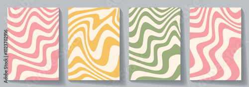 Vector set of groovy hippie backgrounds with waves and swirl pattern.  Distorted pastel color vector texture in trendy retro psychedelic style. Wavy design in a retro 1970s hippie style.