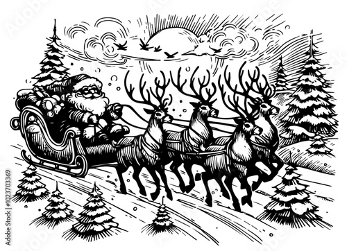 santa claus riding sleigh with reindeer in snowy forest black vector