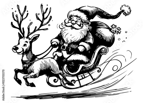 santa claus with gift-filled sleigh and reindeer black vector
