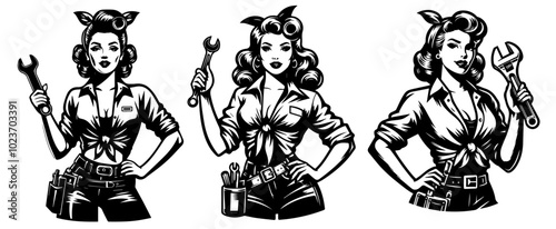 pin-up style mechanic girl collection, black vector illustrations