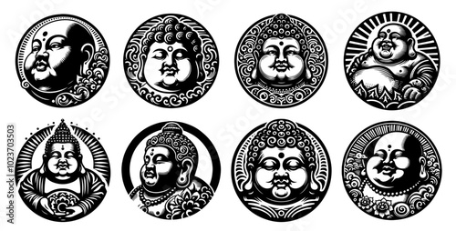 set of Buddha head with swirling decorative elements, black and white
