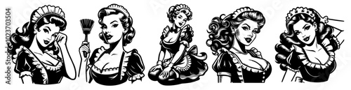 pin-up style maid girl set in black vector illustrations