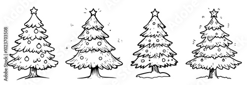 christmas tree designs with various decorations and styles, black vector