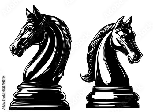 set of chess knight horse illustrations in line art black vector photo