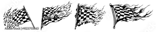 sketch collection of racing checkered flags in line art style for motorsport enthusiasts