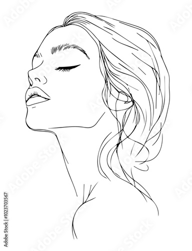 simple mono line art of a girl’s face in minimalist style black vector
