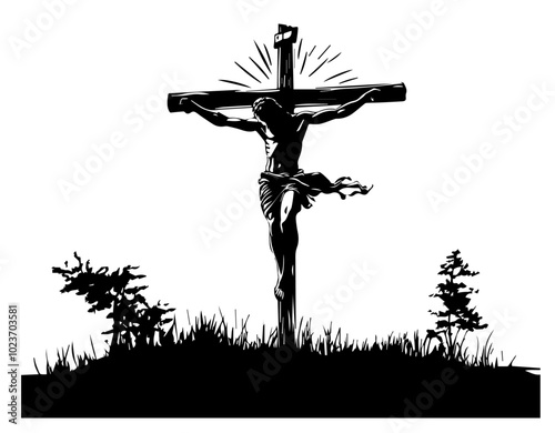 jesus christ's sacrifice on the cross with religious significance in black vector