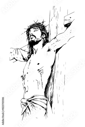 illustration of jesus christ on the crucifix with symbolic elements in black vector