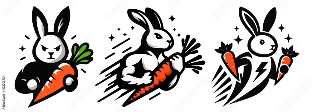 dynamic and powerful cartoon bunnies showcasing carrots with an energetic twist vector dynamic and powerful cartoon bunnies showcasing carrots with an energetic twist vector