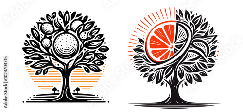 orange tree and fruit vector illustration in black and orange color